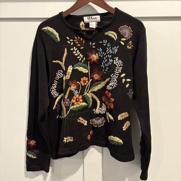 All Points Sweaters - All Points Sweater Womens Large Black Floral Embroidered Crewneck Boho Pullover